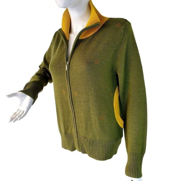Full Zip Knit Cardigan Debra Lola Color Block Mock Neck Green Yellow Womens 10 - Picture 9 of 10